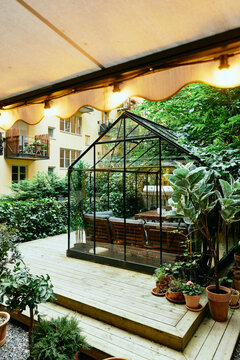 Glass greenhouse on wooden deck within secluded residential courtyard surrounded by potted plants
