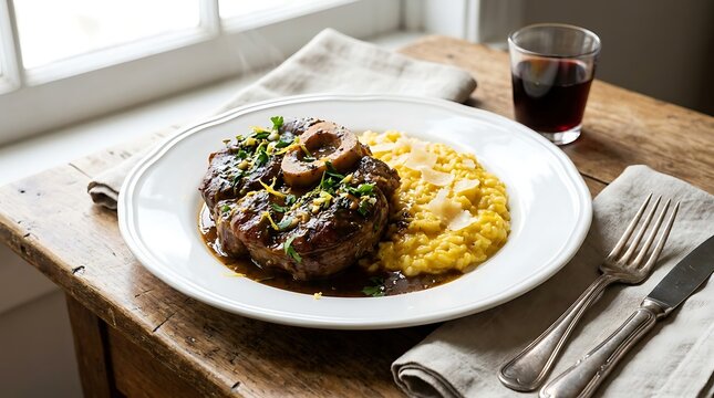 Osso buco veal shank with creamy polenta served on a white plate on a wooden table. veal osso bucco