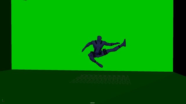 3D humanoid character crouching in a side kick pose on a studio floor, showing one leg extended and the torso lowered for action movement and body mechanics reference, suitable for visualization.