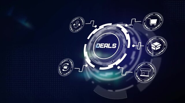 Strategic business deal negotiation and corporate agreement concept, featuring futuristic hud interface with financial partnership icons
