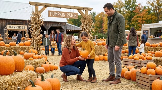Happy family picking pumpkins at an autumn farm festival. Mother and father helping their daughter hold a pumpkin at a pumpkin patch