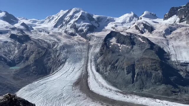 Aerial View of Gorner Glacier and Monte Rosa Massif Snow Capped Alps Mountains Zermatt Switzerland