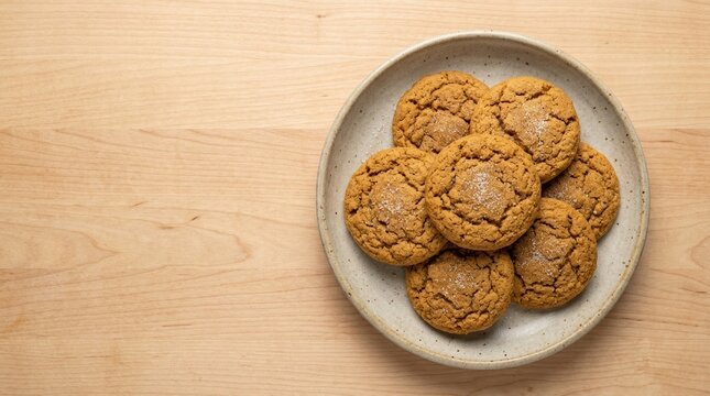 Top view of pumpkin spice cookies on a plate with copy space. Freshly baked autumn biscuits on a light wooden table. Flat lay food photography