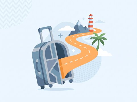 Creative vector illustration of a winding road emerging from an open suitcase, representing travel and adventure.