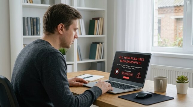Man looking at a ransomware message on a locked laptop screen. Cyberattack and data encryption warning on a computer in a home office. Cybersecurity threat concept
