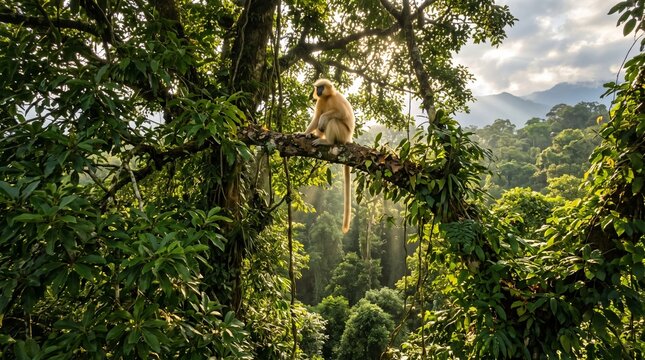 A wild langur monkey sitting on a tree branch in the lush tropical rainforest at sunrise.