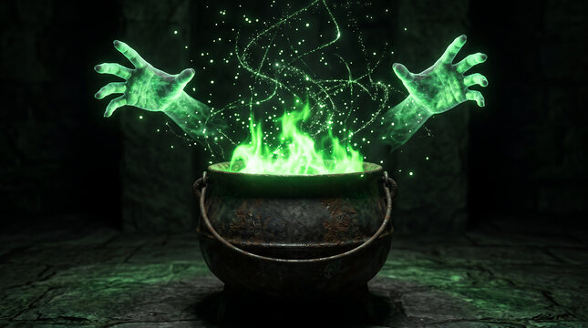 Witch's hands over a cauldron with a magic potion in a dark room. Witch casting spells on Halloween night