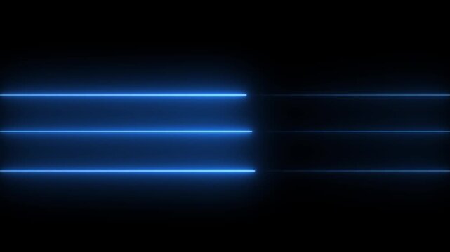 Three horizontal blue neon light lines isolated on transparent background for graphic design