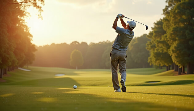 Golfer swinging club on green golf course during sunset. Golfer follows through with perfect form on lush fairway surrounded by trees. Concept golf sports photography for advertising campaigns.