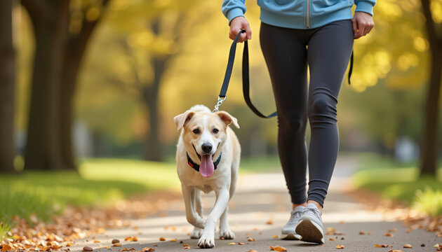 Person walking happy dog in autumn park with fallen leaves, enjoying fresh air and exercise. Autumn day includes vibrant colors, scenic pathway with trees. Concept dog walking and healthy lifestyle.