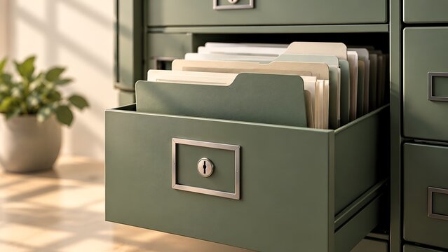 Open green metal filing cabinet with organized folders in office