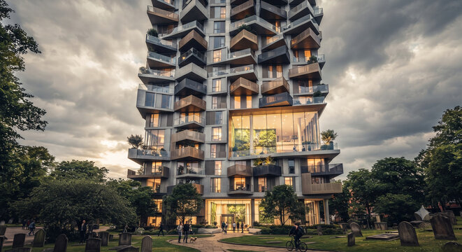 Modern sustainable skyscraper apartment building with unique balconies and green vertical garden facade	독특한 발코니와 친환경 수직 정원 파사드가 있는 모던하고 지속 가능한 고층 아파트 빌딩