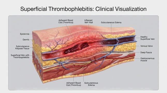 Medical illustration showing the anatomy of superficial thrombophlebitis in human skin tissue.