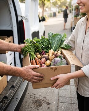 Woman Receiving Fresh Organic Vegetable CSA Box Delivery