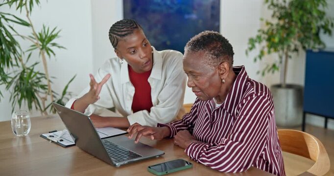 Laptop, help and old woman with adult daughter for retirement planning, insurance and advice in home. Happy, black people and senior mother talk with computer, assistance or website for policy cover.
