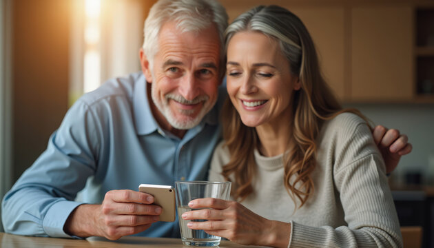 Happy couple enjoying time together with smartphone and glass of water, smiling and sharing moments. Couple interacts with mobile technology while cherishing each other's company at home.