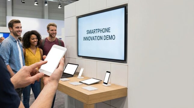 Smartphone demonstration with blank screen mockup at a tech exhibition. People watching mobile innovation demo at a modern booth