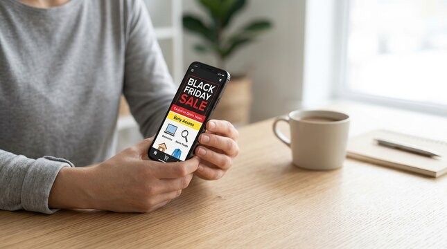 Person holding smartphone with Black Friday sale app on screen. Online shopping and holiday discount concept at a wooden table