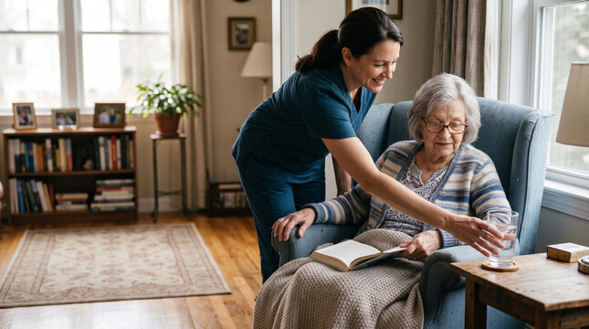 Senior woman sitting in armchair with book while caregiver in uniform offers glass of water, bright living room, caring atmosphere, home care support