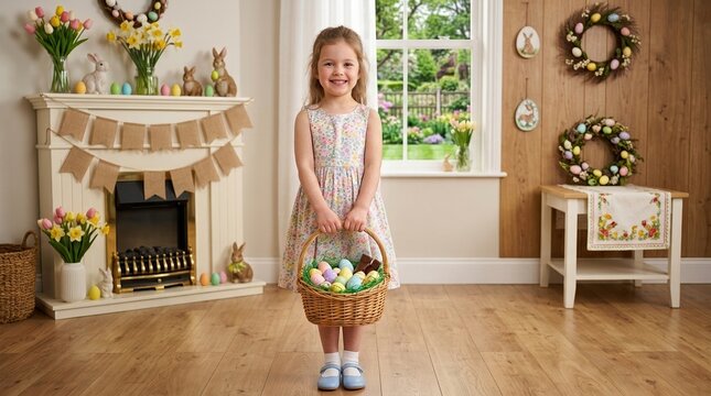 Smiling young girl holding a wicker Easter basket with colorful eggs. Happy child in a decorated living room celebrating spring holiday