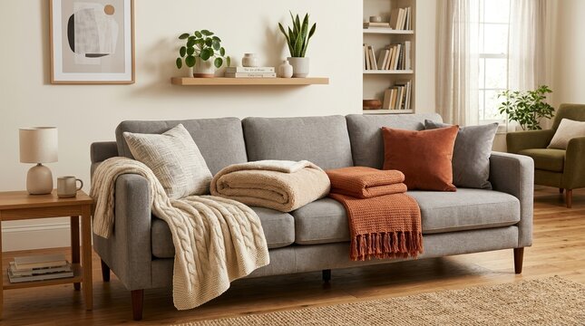 Cozy living room interior with soft throw blankets and pillows on a grey sofa. Modern home decor with warm textiles and stylish furniture