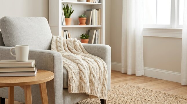 Cozy reading nook with a cream cable knit blanket on a grey armchair. Wooden side table with books and a mug in a bright home interior