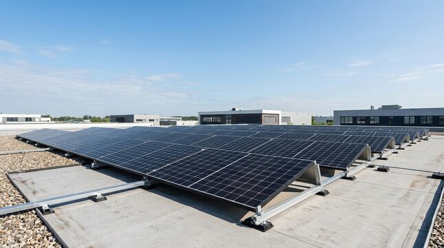 Large solar panel array installed on a flat commercial rooftop. Renewable energy system on an industrial building under a blue sky