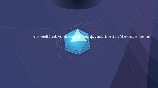 3D animation of cosmic scalar decay showing a primordial condensate rolling along a false vacuum potential, triggering rapid parametric resonance, symmetry breaking and universe expansion