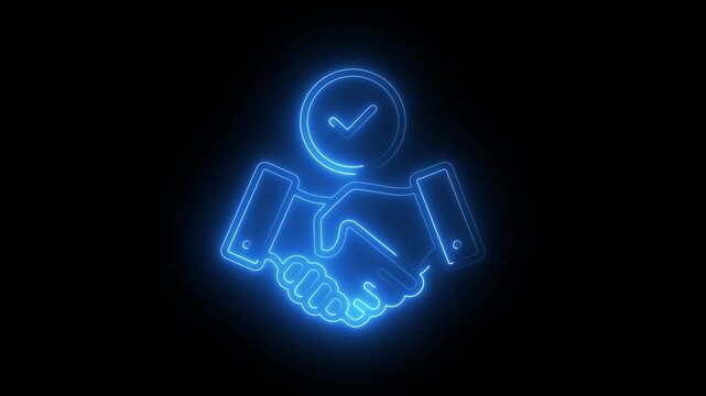Glowing blue neon handshake icon with checkmark symbol for business agreement and success concept