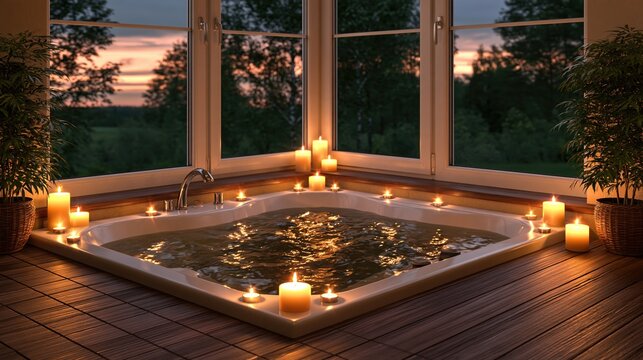 Romantic bathtub with candles and sunset view