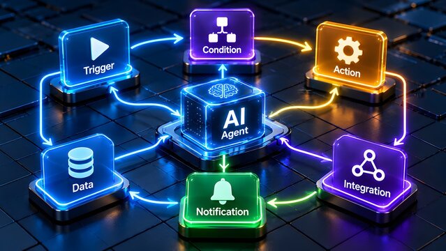 3D render of an AI agent workflow diagram showing automation process with glowing neon interface icons for trigger, condition, action, and integration on a dark background