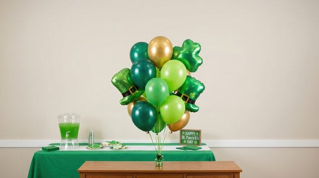 St. Patrick's Day party balloons on a wooden table. Festive green and gold decorations with shamrock cookies and punch in the background. Holiday celebration concept