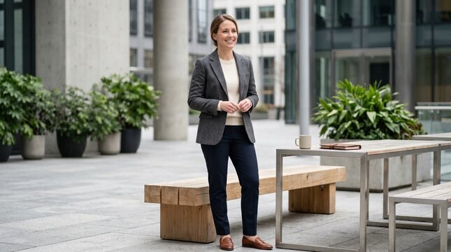 Professional woman in a grey wool blend blazer standing in a modern city plaza. Smart casual business fashion portrait