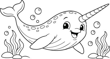 Cute Narwhal Underwater Coloring Book Illustration with Black and White Line Art, Bubbles, Seaweed, and Friendly Cartoon Style © shakibarts