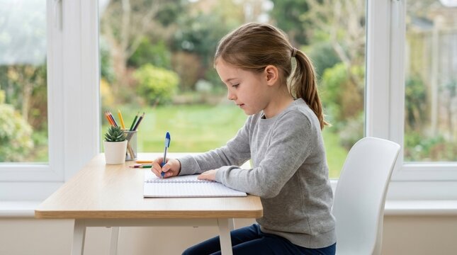 Young girl writing in a notebook at a wooden desk. Child doing homework in front of a window with a garden view