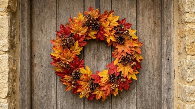 Autumn wreath of colorful maple leaves and pinecones on a wooden door. Fall seasonal home entrance decoration