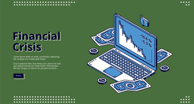 Isometric Financial Crisis Web Banner Vector Illustration - Stock Market Crash Concept on Laptop Screen with Falling Stock Chart, Dollar Bills, and Coins on Green Background
