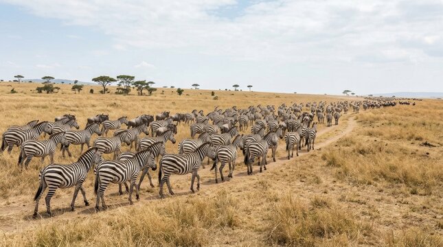 Zebra migration across African savanna. Large herd of zebras walking on dirt path in wild grassland. Wildlife safari landscape