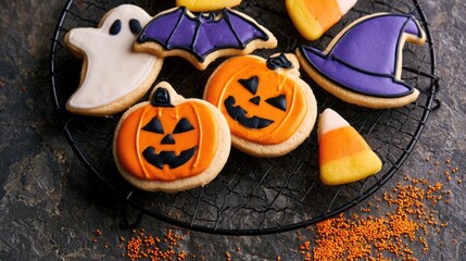 Halloween decorated cookies with pumpkins, ghost, bat and witch hat © Gelpi