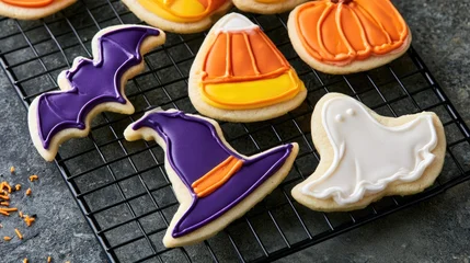 Halloween cookies with witch hat, ghost, bat and candy corn © Gelpi