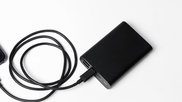 Smartphone connected to a portable power bank with a charging cable on a white background, illustrating mobile charging and backup energy