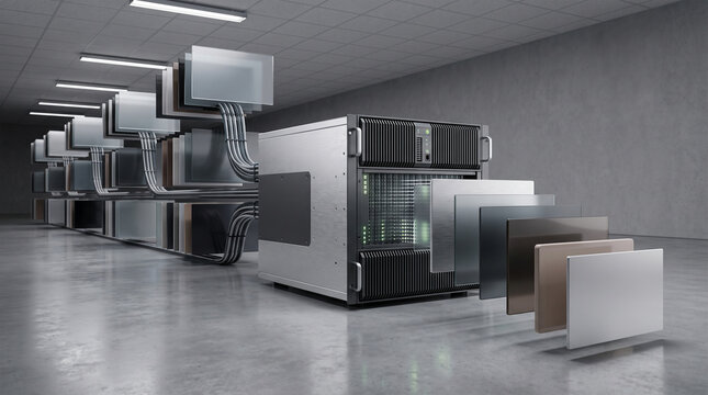 3D render of a modular edge computing server with layered data security panels