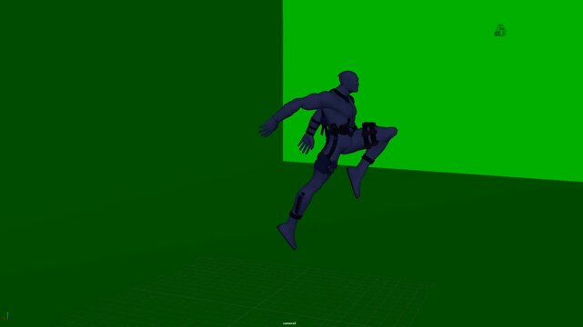 3D humanoid character holding a low crouched stance with bent limbs, creating a compact action pose that demonstrates body compression and balance, suitable for animation, compositing, and games.