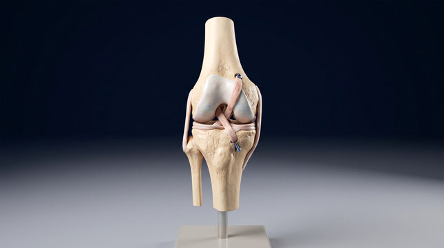 3D render of an anatomical knee model showing ACL ligament reconstruction with surgical screws