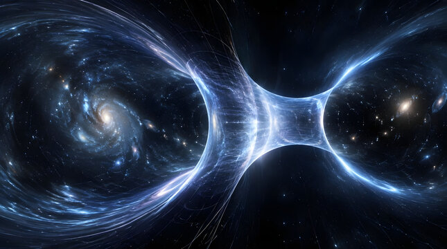 Glowing blue wormhole portal connecting distant galaxies through a space tunnel.