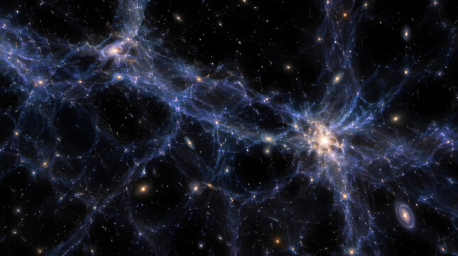 Visualization of the cosmic web showing large scale structure of the universe with filaments and galaxy clusters.