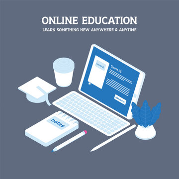 Isometric Online Education and E-Learning Concept Vector Illustration - Laptop, Mortarboard, Notebook, and Distance Learning Elements on Slate Blue Background