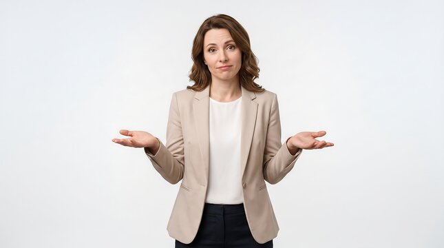 Professional woman shrugging her shoulders with a confused expression