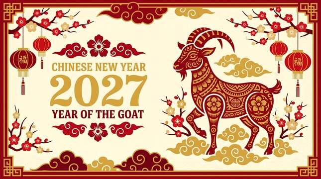 Celebrating the upcoming lunar new year of 2027 the year of the goat with traditional symbols of prosperity and good fortune