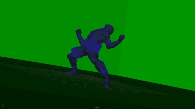 3D humanoid character dropping into a deep crouch with arms extended for balance, showing a dynamic movement pose with bent knees and lowered center of gravity, suitable for animation and cinema.